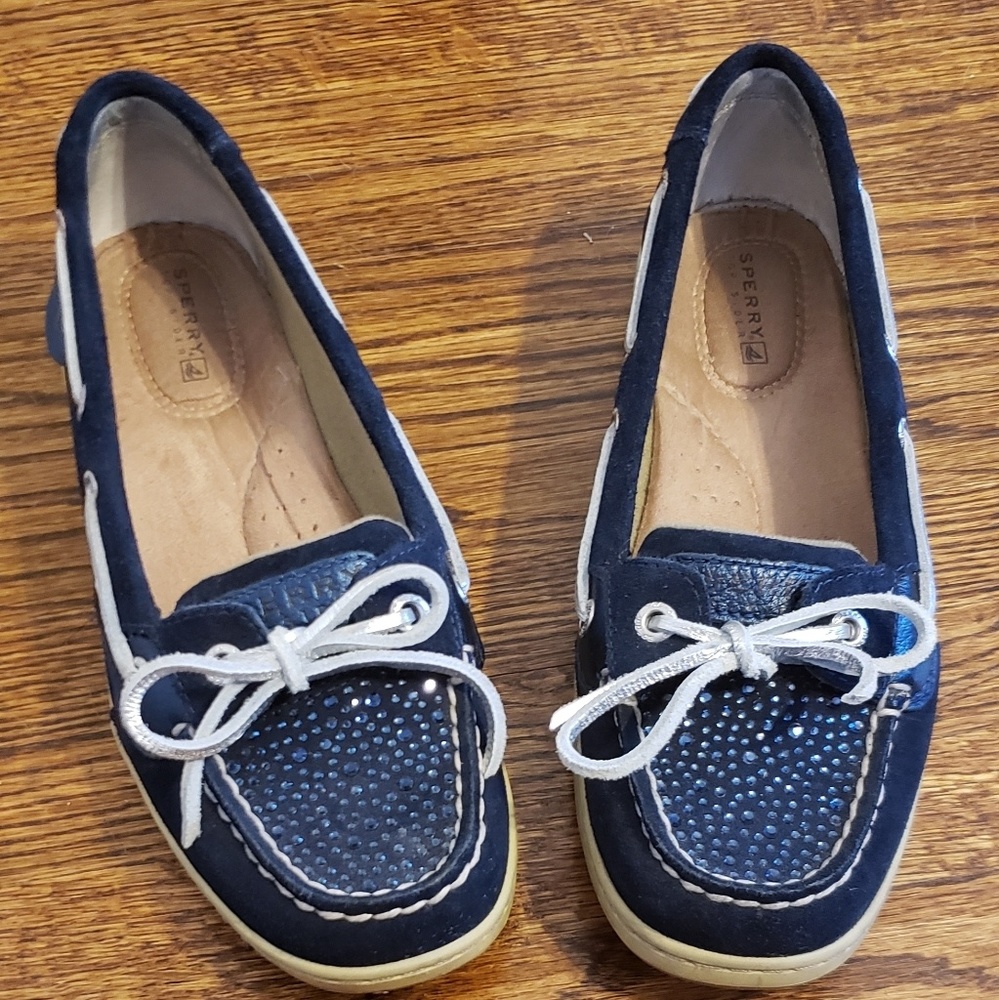 Sperry boat shoes with blue rhinestones